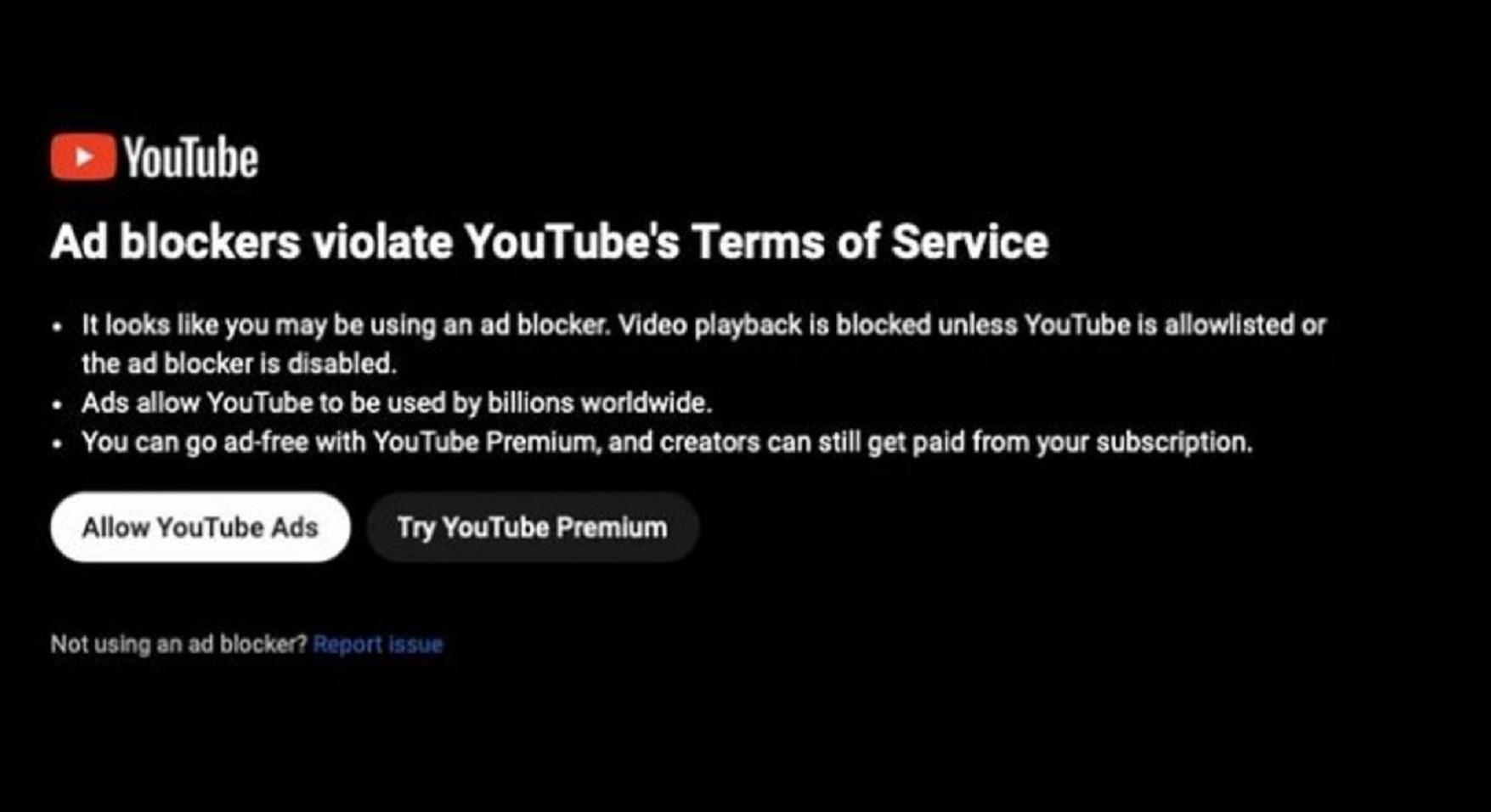 Pemberitahuan berwarna hitam bertajuk "Ad blocker melanggar syarat penggunaan layanan YouTube".