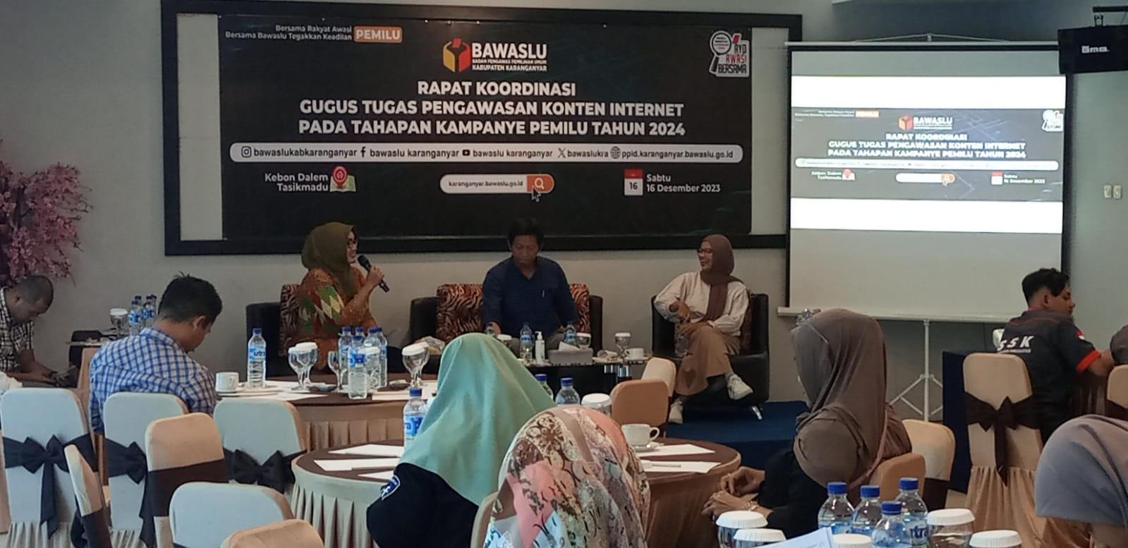 Rapat Koordinasi Gugus Tugas Pengawasan Konten Internet pada Tahapan Kampanye Pemilu 2024, yang digelar Bawaslu Karanganyar.