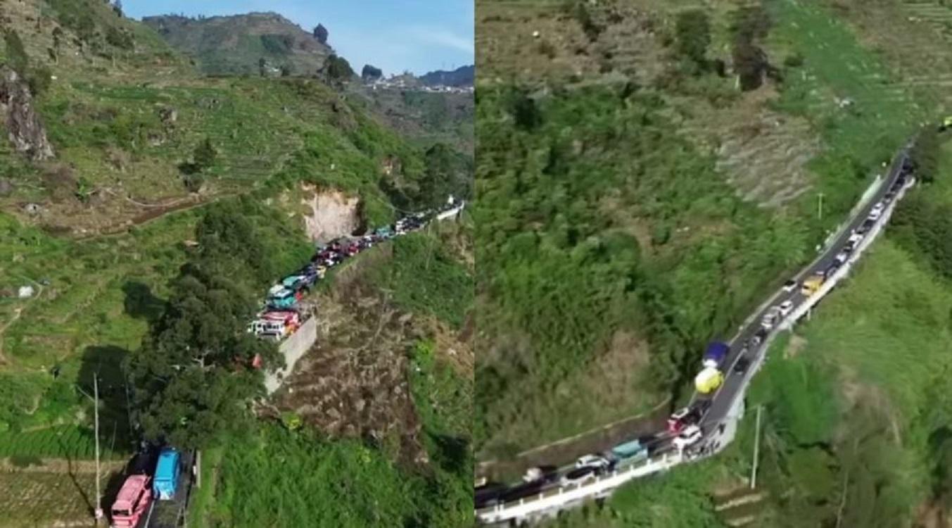 Dari pantauan udara memperlihatkan kemacetan yang cukup panjang, terutama di tanjakan 15 persen di jalur Dieng.