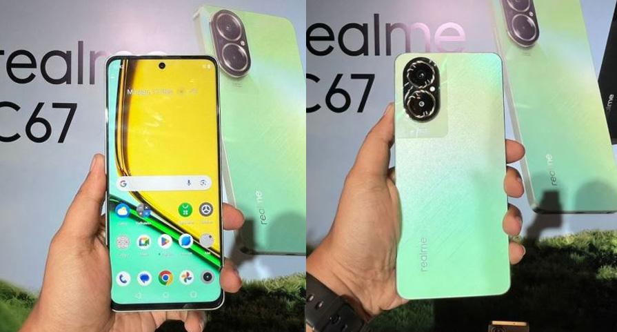 Realme C67 ditampilkan dalam acara peluncuran di kawasan Kuningan, Jakarta, Selasa (19/12/2023).