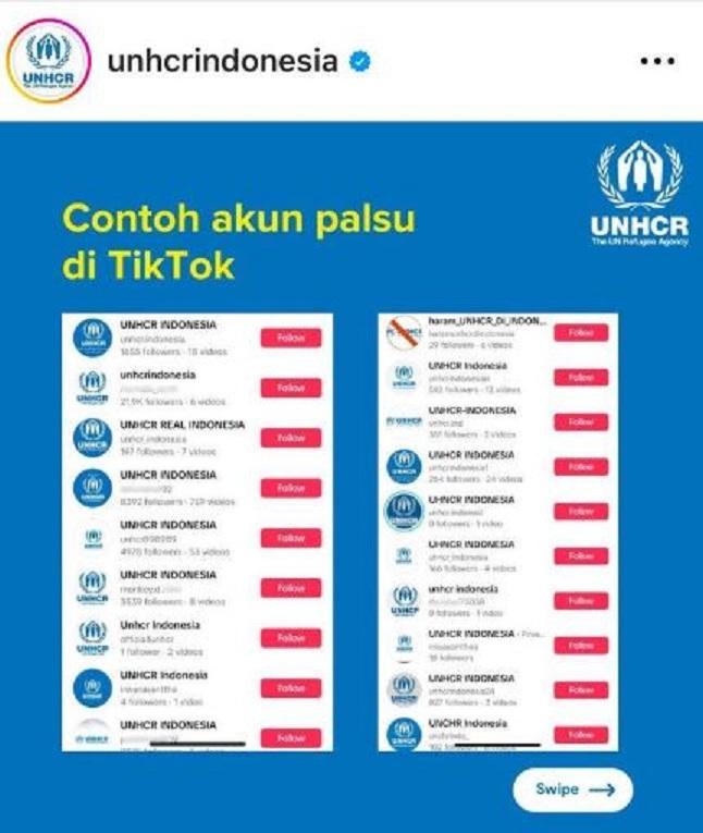 Akun-akun palsu UNHCR Indonesia. (Tangkapan layar akun Instagram asli UNHCR Indonesia).