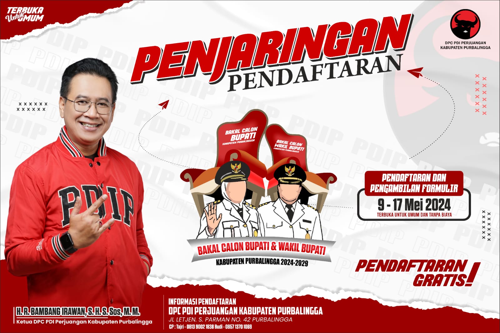 Dewan Pimpinan Cabang Partai Demokrasi Indonesia Perjuangan (DPC PDIP) Kabupaten Purbalingga mulai melakukan penjaringan membuka pendaftaran calon Bupati dan calon Wakil Bupati (Cabup dan Cawabup) untuk Pemilihan Kepala Daerah (Pilkada) 2024 Kabupaten Purbalingga.