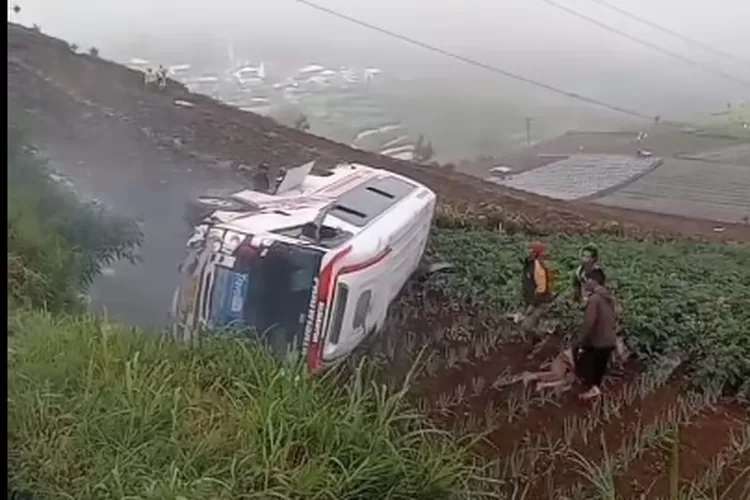 Tangkapan layar video kecelakaan mobil isuzu elf yang terjun ke lokasi pertanian tepi jalur wisata Dieng di Batur Banjarnegara Minggu 26 Mei 2024