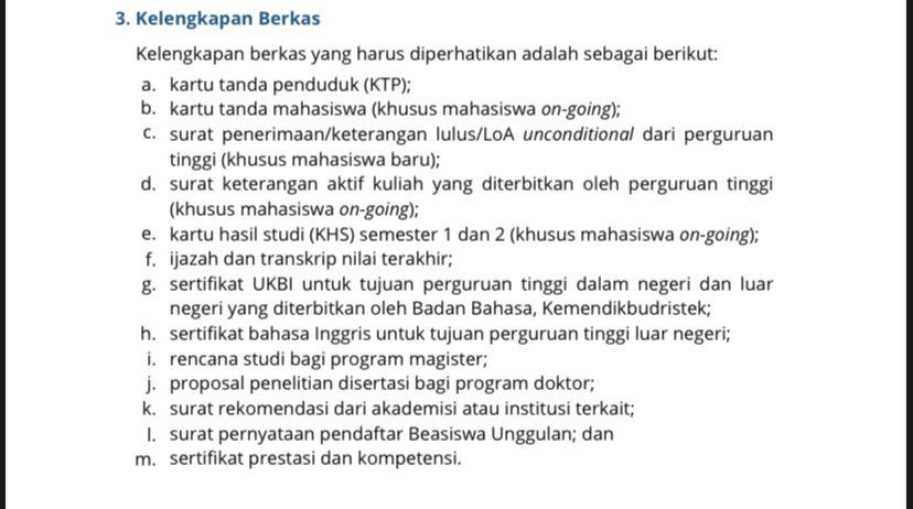 Perlengkapan Berkas pendaftarann Beasiswa