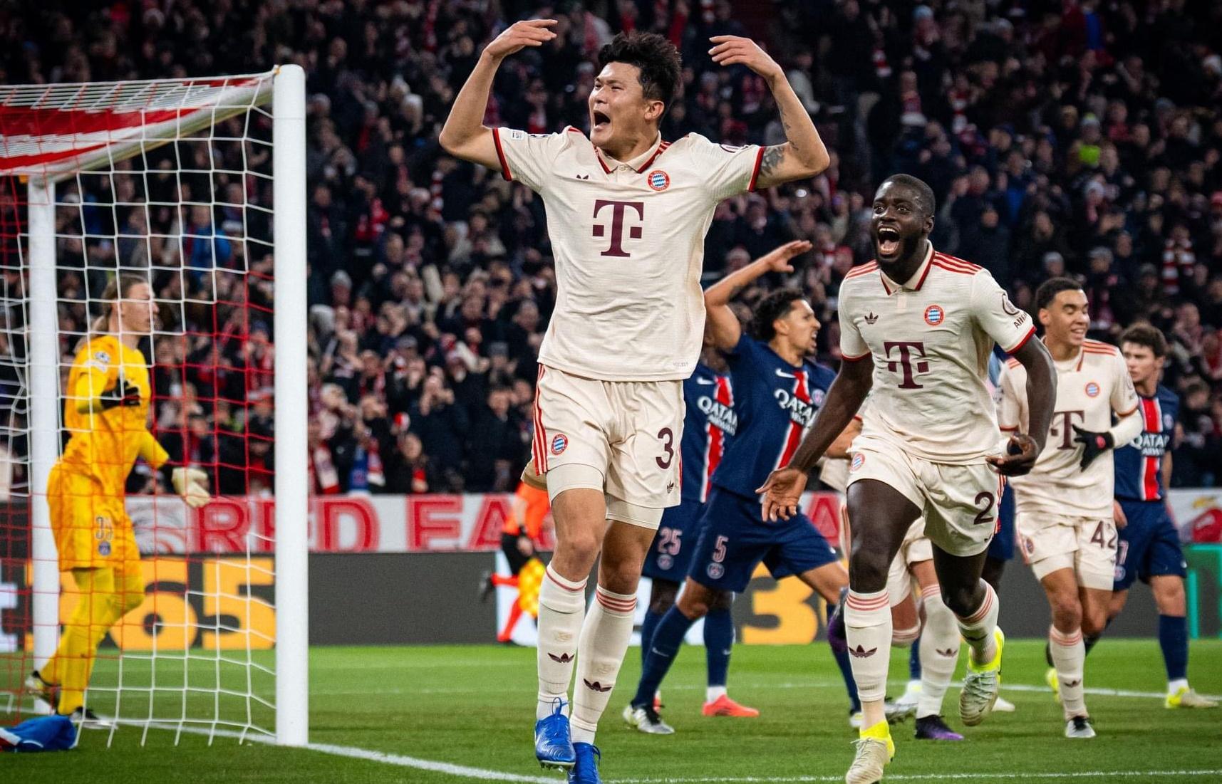 Pemain Bayern Munchen Kim Min-jae berselebrasi usai mencetak gol ke gawang PSG dalam pertandingan lanjutan Liga Champions. (Twitter/@FCBayernEN)