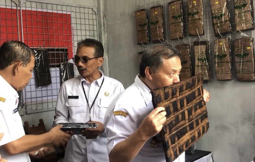 Sentra Tembakau Swating Tieng, Cerutu dan Garangan Ikon Pegunungan Dieng 1 Wakil Bupati Muhamad Albar sedang menghirup wangi tembakau garang khas Tieng ditemani oleh Kepala Bagian Hortikultura dan Dinas Pertanian Provinsi (Dok.Gena/Mercusuar)