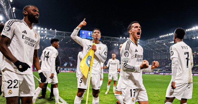 Para pemain Real Madrid berselebrasi usai mencetak gol ke gawang Atalanta dalam laga lanjutan Liga Champions. (Twitter/@realmadrid)