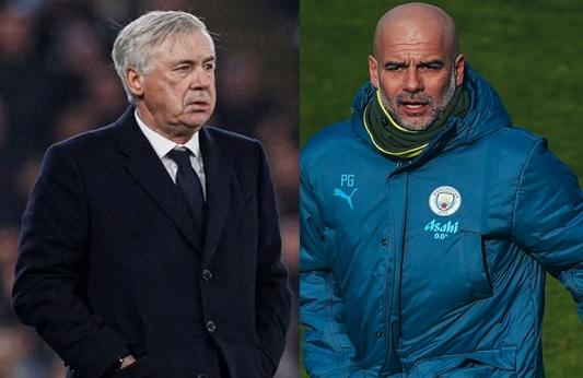 Pelatih Real Madrid Carlo Ancelotti dan pelatih Manchester City Pep Guardiola. (IST)